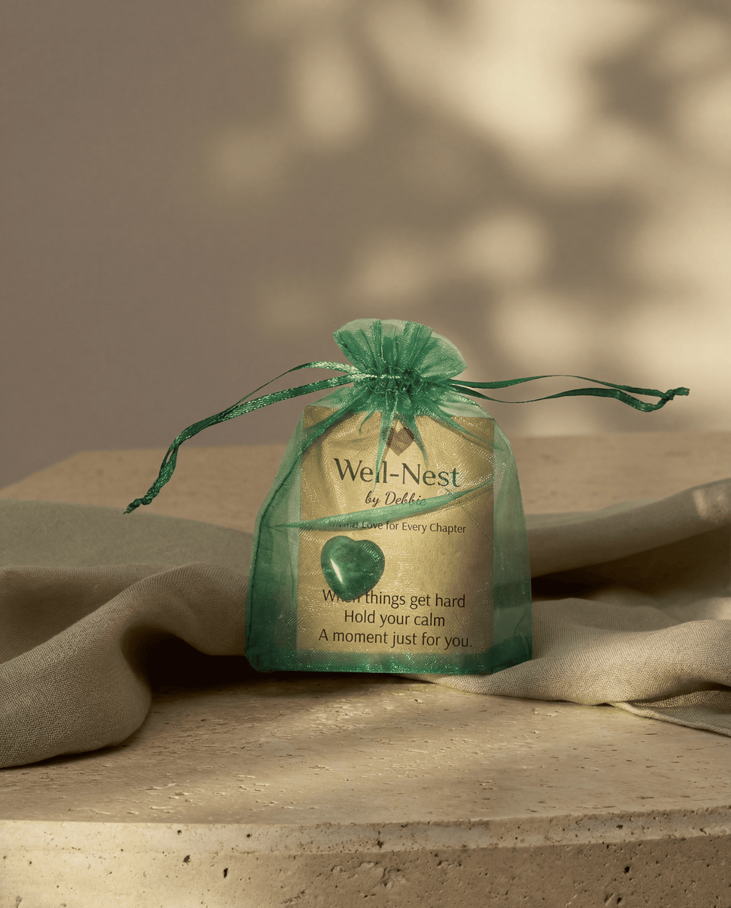 Calm intention crystal and card from wellness gift box - meaningful alternative to flowers Ireland