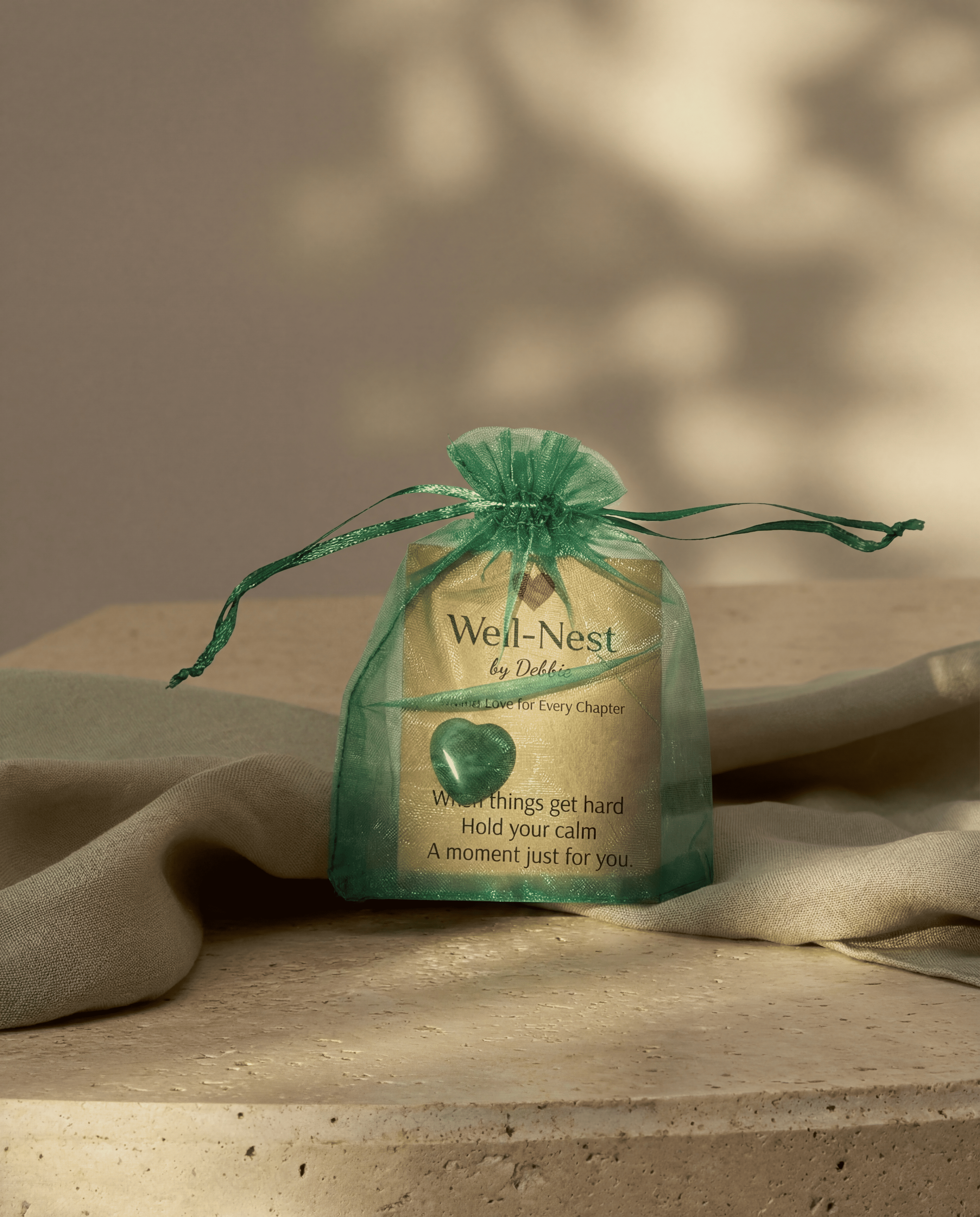 Calm intention crystal and card from wellness gift box - meaningful alternative to flowers Ireland