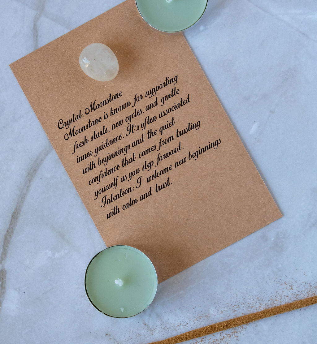 Month 1 New Beginnings - Moonstone crystal card with candles