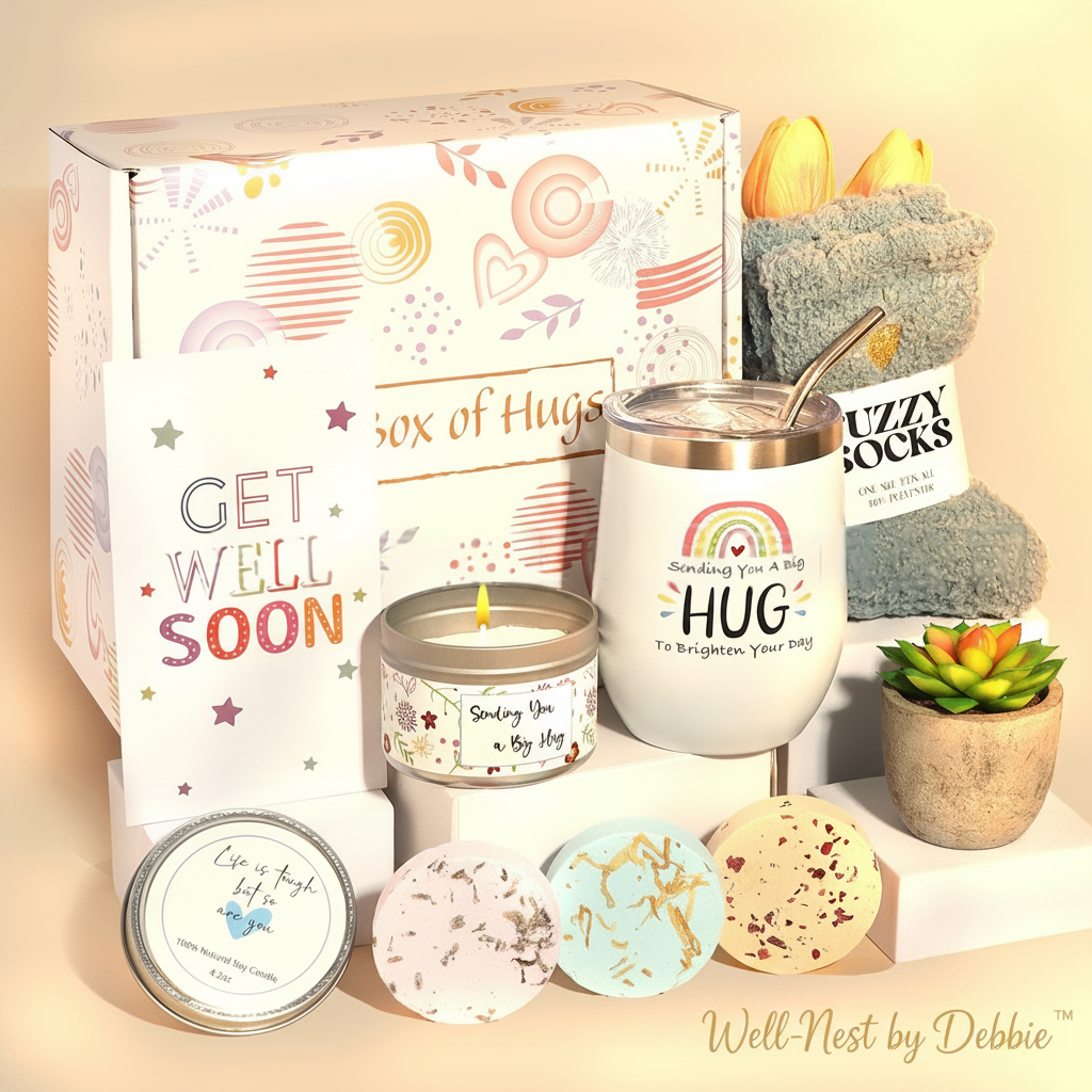 Get Well Soon Gift Box styled display with all items arranged on white risers