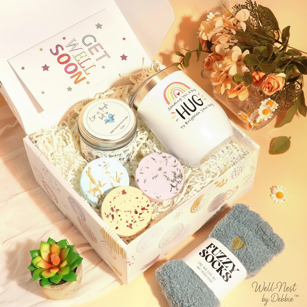 Open A Box of Hugs gift box showing contents nestled in white crinkle paper