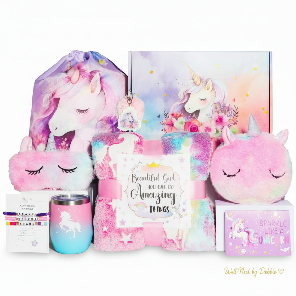 Little Dreamer Unicorn Box with Well-Nest by Debbie gold branding above the unicorn