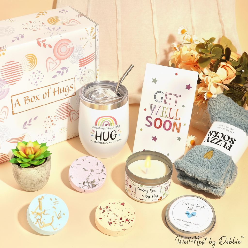 Get Well Soon Gift Box by Well-Nest by Debbie showing all items including tumbler, candles, bath melts and fuzzy socks